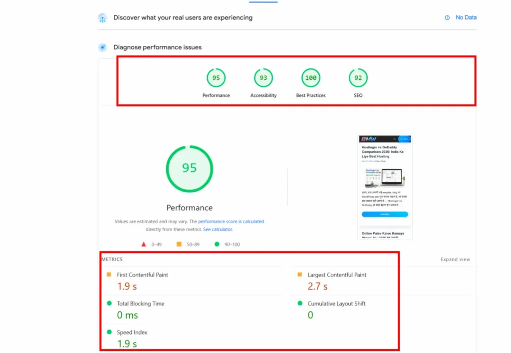 Core Web Vitals Report क्या है? LCP, INP और CLS Metrics Guide Google Search Console की Core Web Vitals Report का Screenshot, जिसमें LCP, INP और CLS Metrics के माध्यम से Website Speed, Responsiveness और Visual Stability का विश्लेषण दिखाया गया है।