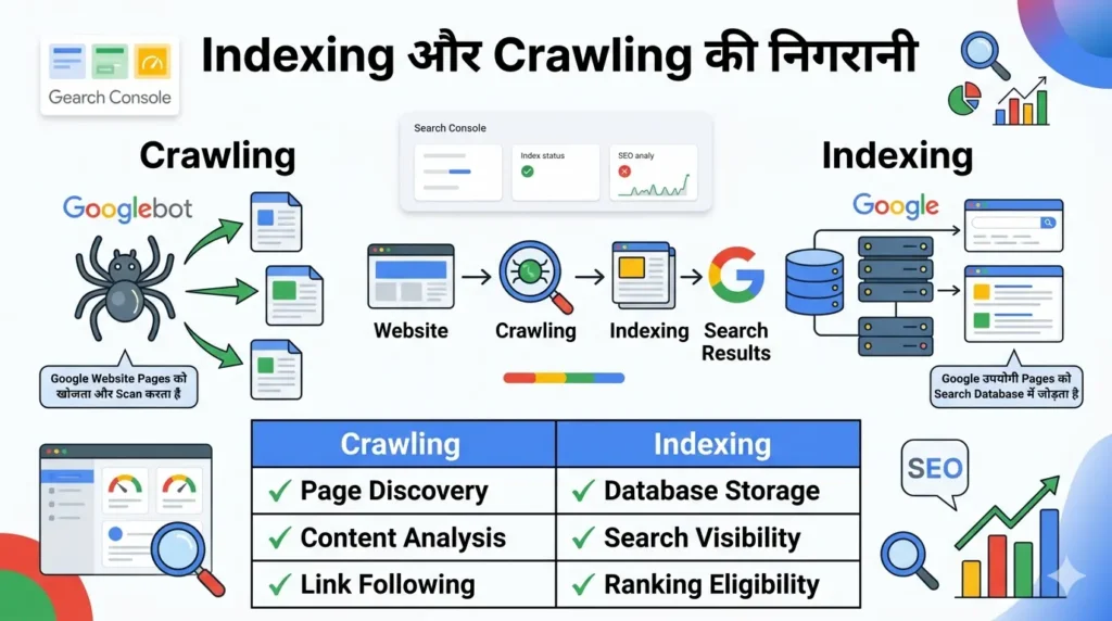 Indexing और Crawling क्या है? Google Search Console Guide Google Search Console में Crawling और Indexing Process को दर्शाता हुआ Infographic, जिसमें Googlebot द्वारा Pages Crawl करना और Google Index में Pages को शामिल करने की प्रक्रिया दिखाई गई है।