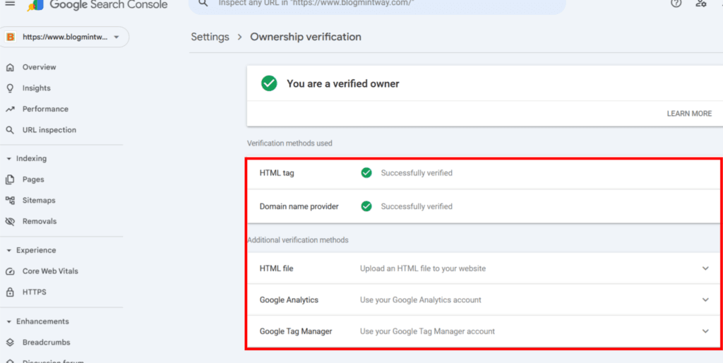 Google Search Console Ownership Verification कैसे करें Google Search Console में Website Ownership Verify करने का Screenshot, जिसमें DNS Record, HTML Tag और अन्य Verification Methods दिखाई दे रहे हैं।