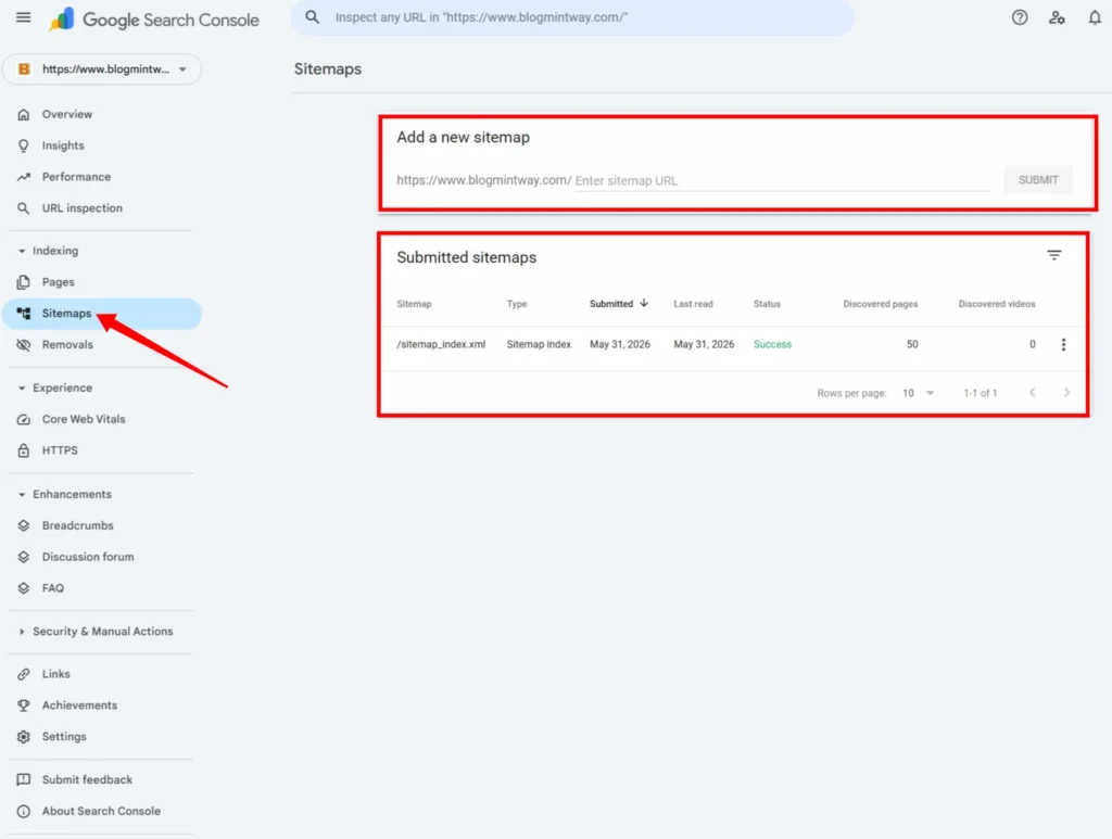 Google Search Console में Sitemap Submit कैसे करें Google Search Console के Sitemaps Section का Screenshot, जिसमें Website का Sitemap URL Submit करने की प्रक्रिया दिखाई गई है।