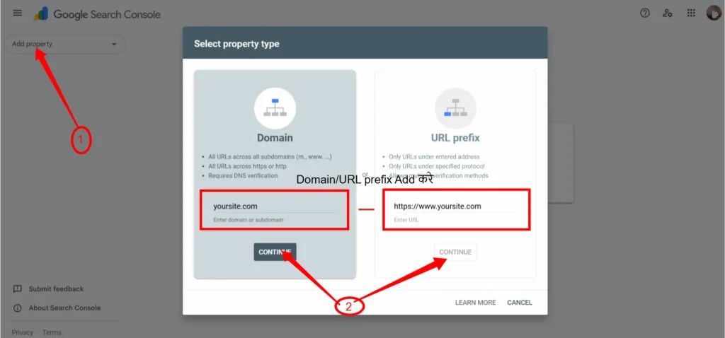 Google Search Console में Property Add कैसे करें – Step Guide Google Search Console में नई Property Add करने की प्रक्रिया दिखाता हुआ Screenshot, जिसमें Domain Property और URL Prefix विकल्प दिखाई दे रहे हैं।