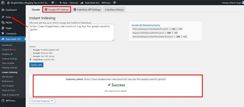 instant index submit par click karke check kare seccess aana chahiye