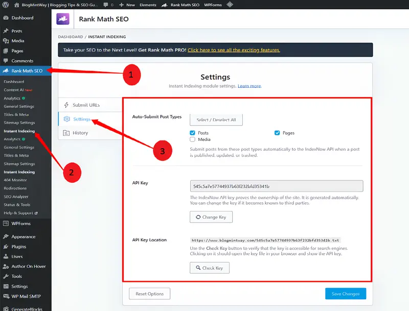 Rank Math Instant Indexing for Google plugin setup in WordPress step by step