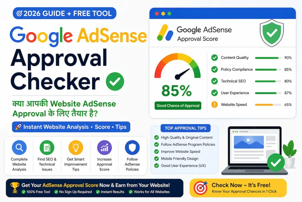 Google AdSense Approval Checker Free Tool 2026 – Check Website AdSense Approval Score, SEO, Content Quality, Policy Compliance, Technical SEO, Website Speed & Get Approval Tips