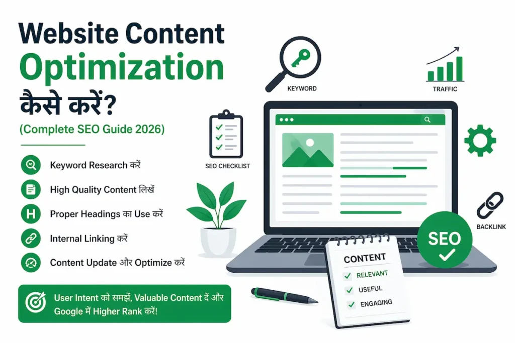 Website Content Optimization infographic in Hindi showing SEO checklist, keyword research, internal linking, content update tips, and laptop screen with optimized content for higher Google ranking and traffic growth.