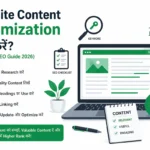 Website Content Optimization infographic in Hindi showing SEO checklist, keyword research, internal linking, content update tips, and laptop screen with optimized content for higher Google ranking and traffic growth.