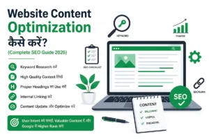 Website Content Optimization infographic in Hindi showing SEO checklist, keyword research, internal linking, content update tips, and laptop screen with optimized content for higher Google ranking and traffic growth.