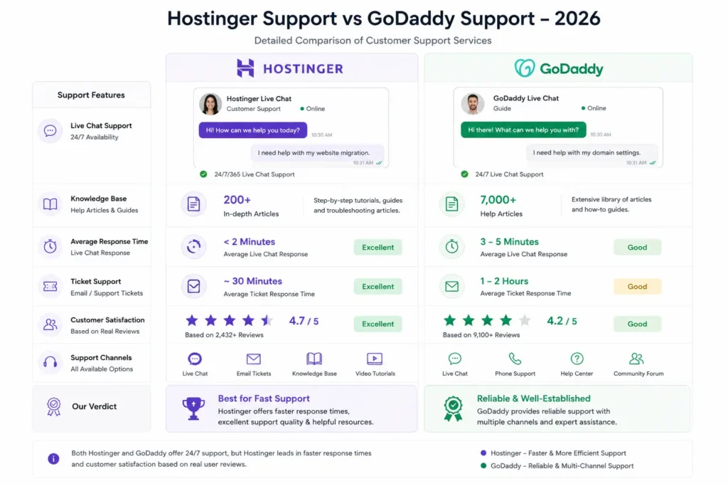 Hostinger vs GoDaddy customer support comparison showing live chat response time knowledge base and support quality