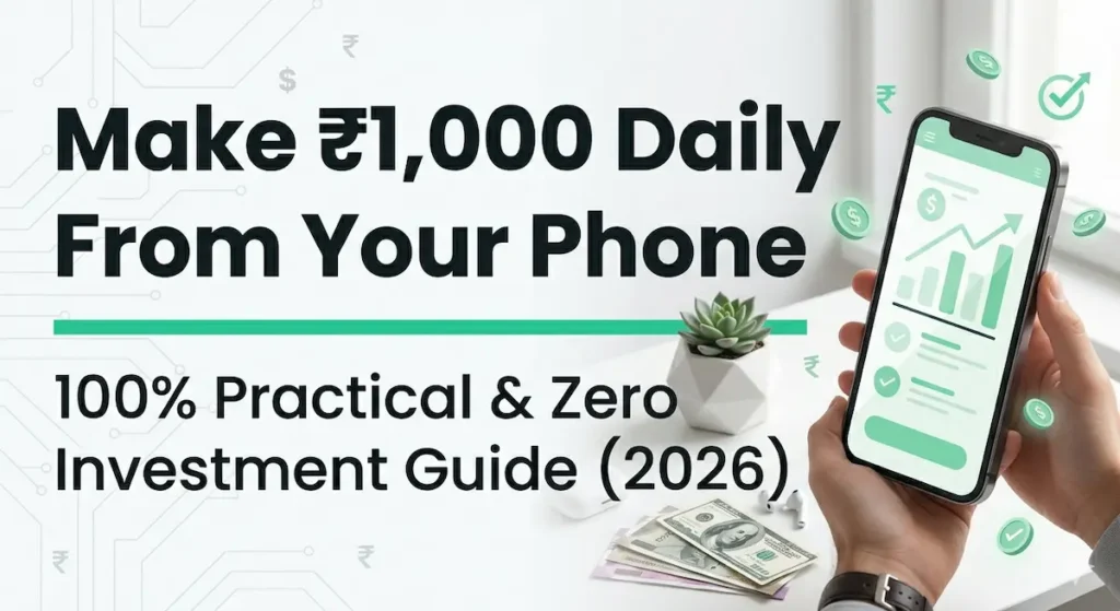 A minimal and modern website feature image featuring a smartphone on a clean white desk background. The phone screen displays clean financial data and a growth vector chart in a mint green color theme. The primary target text reads 'Online Paise Kaise Kamaye Phone Se' in a bold, dark charcoal font with a distinct mint green decorative line underneath.