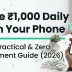 A minimal and modern website feature image featuring a smartphone on a clean white desk background. The phone screen displays clean financial data and a growth vector chart in a mint green color theme. The primary target text reads 'Online Paise Kaise Kamaye Phone Se' in a bold, dark charcoal font with a distinct mint green decorative line underneath.