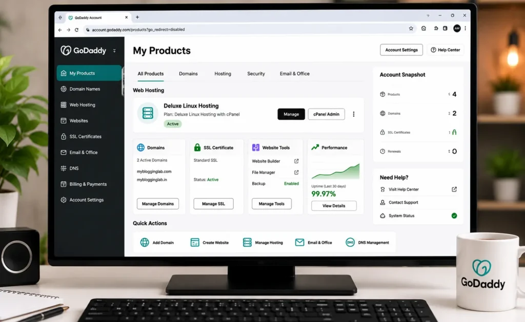 Godaddy CPanel dashboard showing website hosting management tools and settings