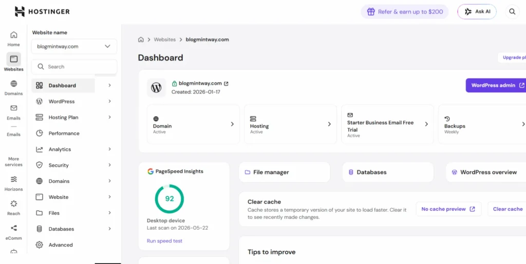 Hostinger hPanel dashboard showing website hosting management tools and settings